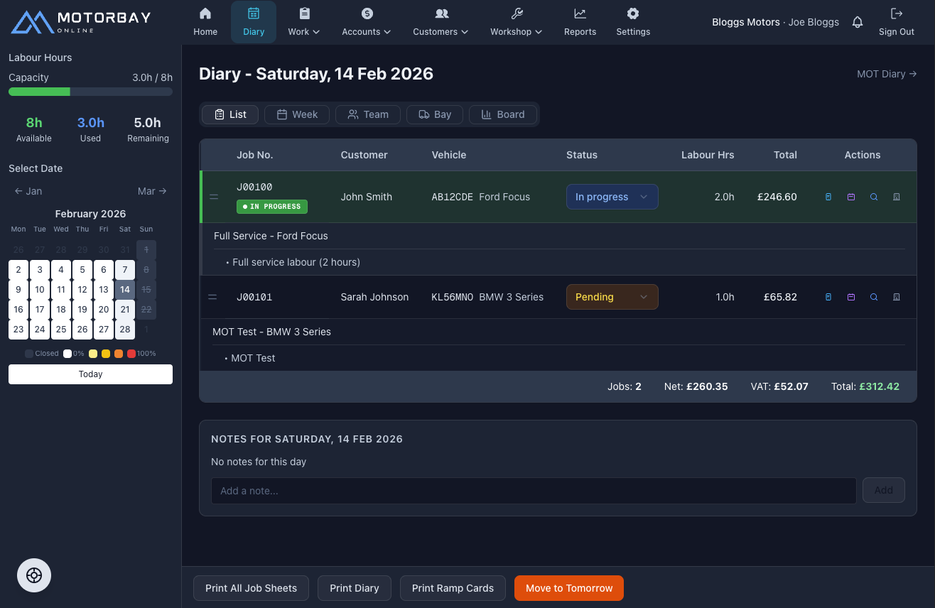 Workshop diary feature screenshot